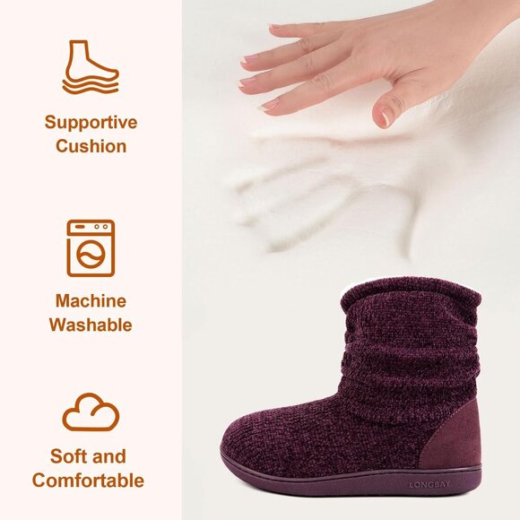 Women's Cozy Winter Warm Purple Non Slip Knit Memory Foam Slipper Bootie Shoes - Picture 4 of 6